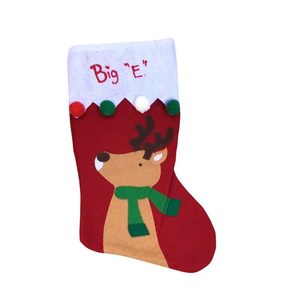 RED/WHITE RAINDEER CHRISTMAS STOCKING "BIG E" EMBELLISHED ON TOP SIZE-16"